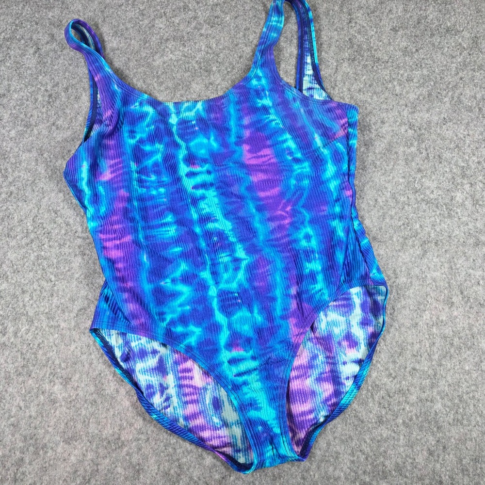 Vintage Catalina One Piece Swimsuit Ribbed Blue Purple Tie Dye Scoop Swim sz 3X